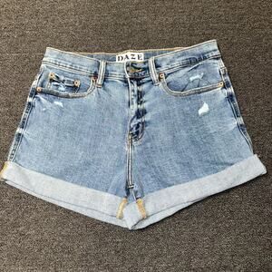 Daze Denim Shorts Women 29 Blue Stretch Medium Wash Distressed Summer Cuffed Hem